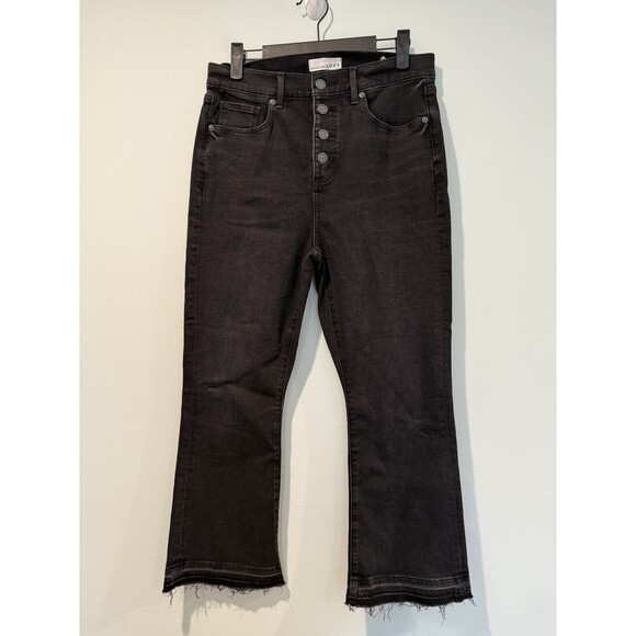 Loft Cropped Jeans Womens 29" Black Raw Hem Flare High Rise Stretch Punk Grunge - Picture 1 of 8